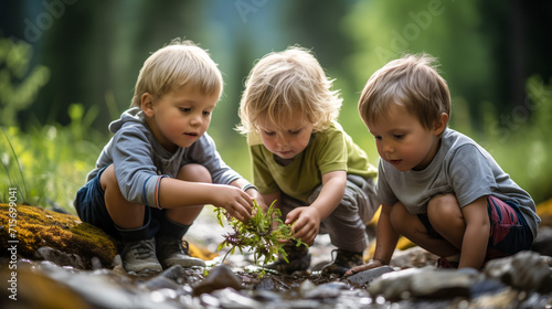Three young boys exploring nature and playing in a stream