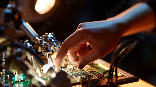 A close-up of robotic and human hands assembling intricate circuits