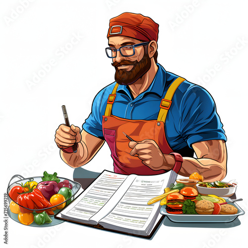 Individual creating a meal plan and grocery list isolated on white background, pop-art, png
 photo
