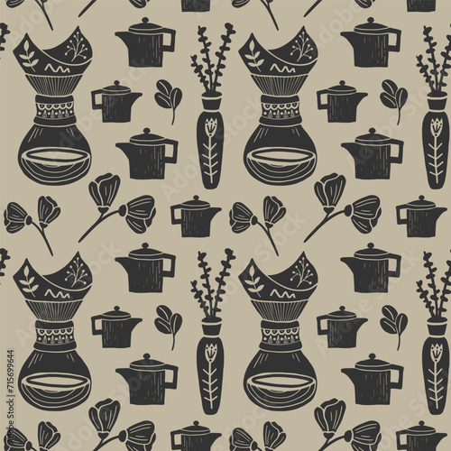 Seamless vector pattern with coffee illustrations in linocut style. Retro style of elements, consist pot, pourover and floral objects