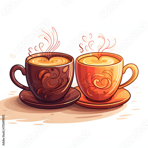 Two coffee cups with heart-shaped steam, symbolizing a perfect pair isolated on white background, cartoon style, png 