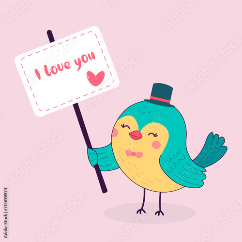 A cute bird congratulates you on Valentine's Day. A cute bird with a signI love you Bright vector drawing for February 14, wedding, date. Flat cartoon clipart for print, postcard photo