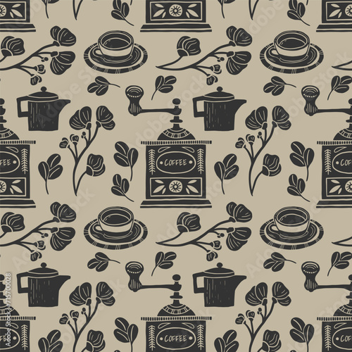 Seamless vector pattern with coffee illustrations in linocut style. Retro style of elements, consist coffee grinder and cup