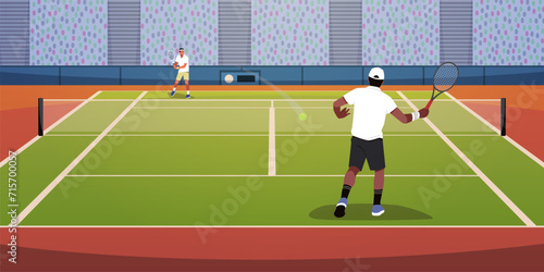 Professional tennis players. Athletes compete in tournament. Athletic men with rackets on court. Sportsman pitching and batting. Sport championship. Match stadium. Vector tidy concept