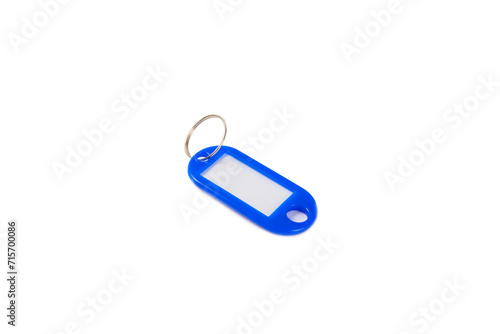 Plastic keychain of different colors with a place for a signature isolated on a white background. Bunch of keys with keychain  isolated on White. Mock-up keychain.