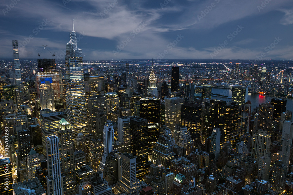 New York City at evening time with glowing buildings