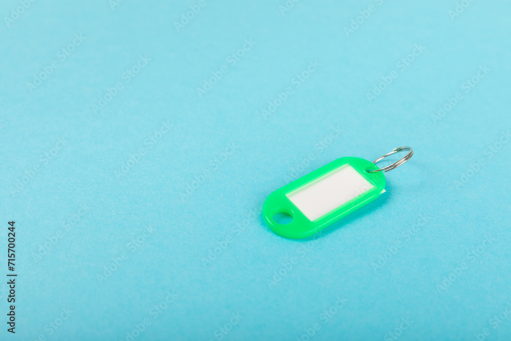 Fototapeta premium Plastic key ring in different colors with a place for a signature on a bright colored background. Bunch of keys with keychain. Mock-up keychain.Copy space.Concept for renting and selling real estate.