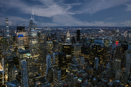 New York City at evening time with glowing buildings