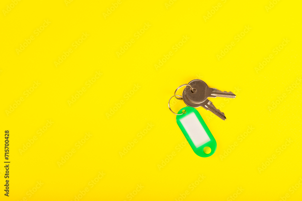 Plastic key ring in different colors with a place for a signature on a bright colored background. Bunch of keys with keychain. Mock-up keychain.Copy space.Concept for renting and selling real estate. Plastic key ring in different colors with a place for a signature on a bright colored background. Bunch of keys with keychain. Mock-up keychain.Copy space.Concept for renting and selling real estate.