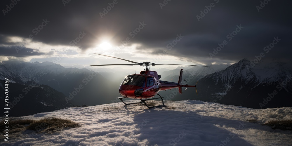 Helicopter flying high in the mountains. A helicopter flies in the sky. Generative AI. View of a flying helicopter. Adventure composite. Beautiful mountain landscape