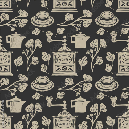 Seamless vector pattern with coffee illustrations in linocut style. Retro style of elements, consist coffee grinder and cup