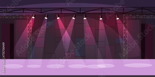 Performance stage. Catwalk for fashion show in spotlights. Empty disco club. Illuminated theater entertainment scene. Light lamps rays. Projector beams. Arena lighting. Vector concept