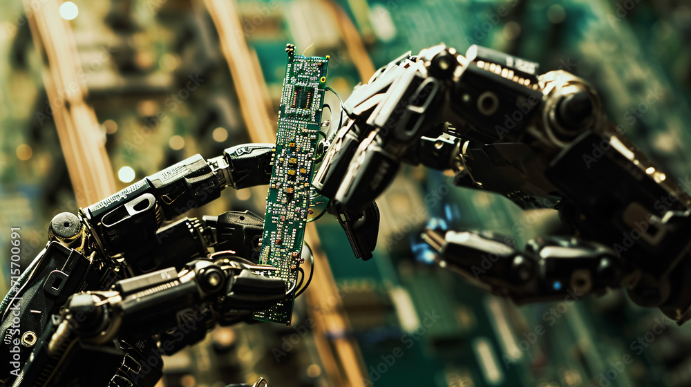A close-up of robotic and human hands assembling intricate circuits A close-up of robotic and human hands assembling intricate circuits