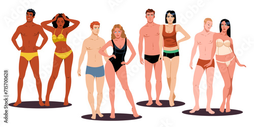 Men and women pairs with different body types and skin colors. Standing people in swimsuits. Naked figures. Beach relax. Happy couples. Human diversity. Persons pose. Vector concept