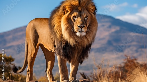 Majestic african lion standing tall in the breathtaking savanna landscape of africa