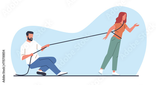 Man uses rope to restrain woman. Male controlling female. Constraint and pressure. Couple relationship. Marriage shackles. Psychological dependence. Guy pulling cable. Vector concept
