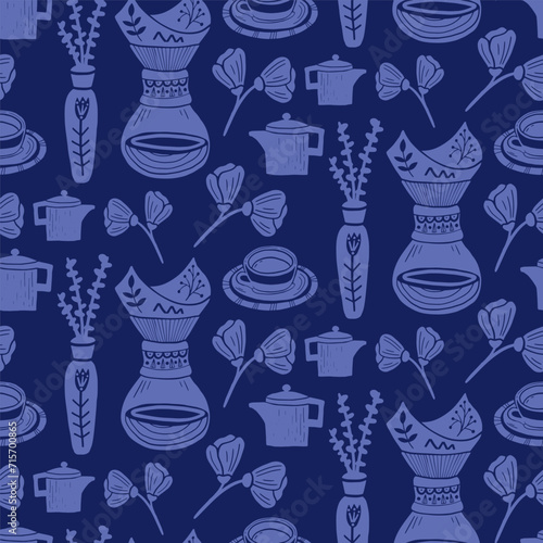 Seamless vector pattern with coffee illustrations in linocut style. Retro style of elements, consist pot, pourover and floral objects