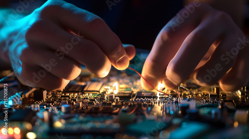 A close-up of robotic and human hands assembling intricate circuits #715700873