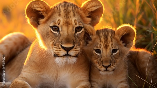 Golden african savannah. lion family resting at sunset  wildlife in natural habitat