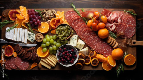 wooden boards, cold meat, various cheeses, fruit, bread, dip. A mix of different snacks snacks
