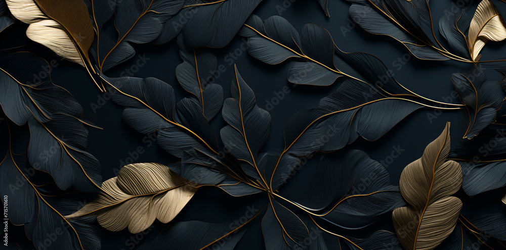 Obraz premium the gold leaf wallpaper has different colors and styles, in the style of conceptual digital art, tropical symbolism, high detailed, brown and black, shaped canvas, soft-edged