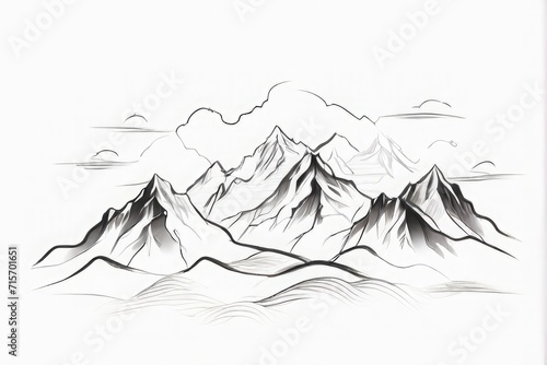 Hand drawn Mountains black and white Mountain silhouette hand drawn. Outline sketch of peaks for kids coloring. 