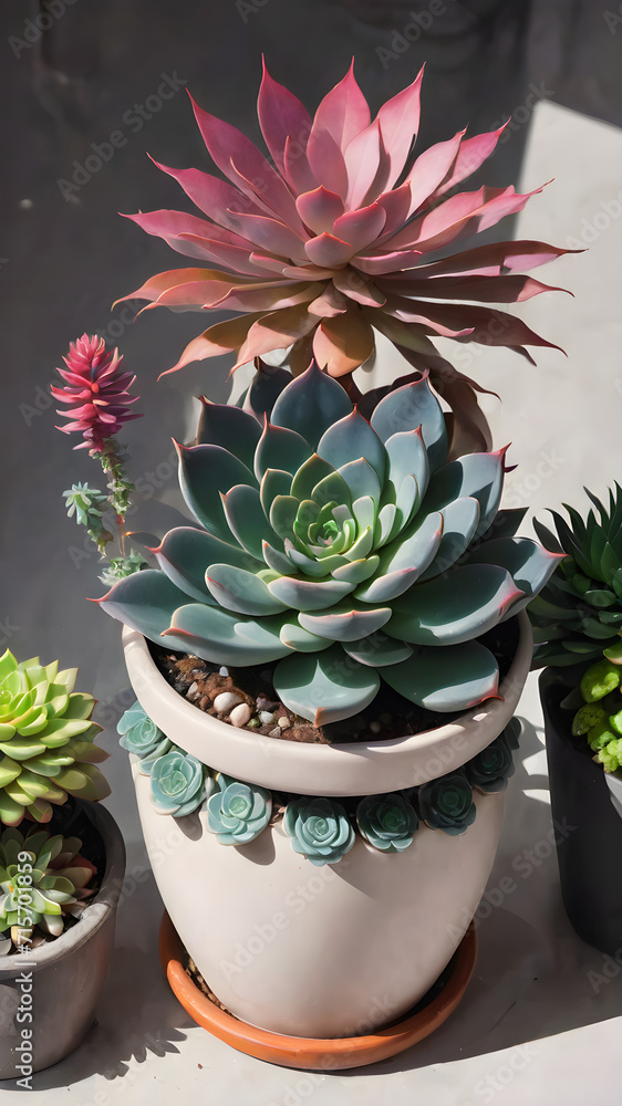 Garden features a potted cactus with lush greenery, isolated and decorated with other plants, showcasing a variety of nature elements including flowers, succulents, and trees Garden features a potted cactus with lush greenery, isolated and decorated with other plants, showcasing a variety of nature elements including flowers, succulents, and trees