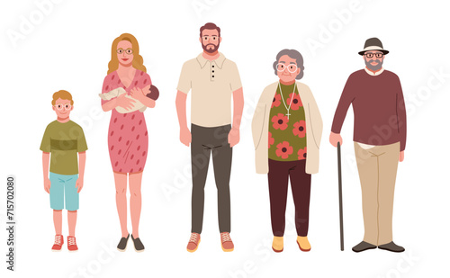 Large family with glasses from children to old people. Hereditary myopia. Persons generations. Young and elderly couples. Genetic illness. Men and women in eyeglasses. Vector concept