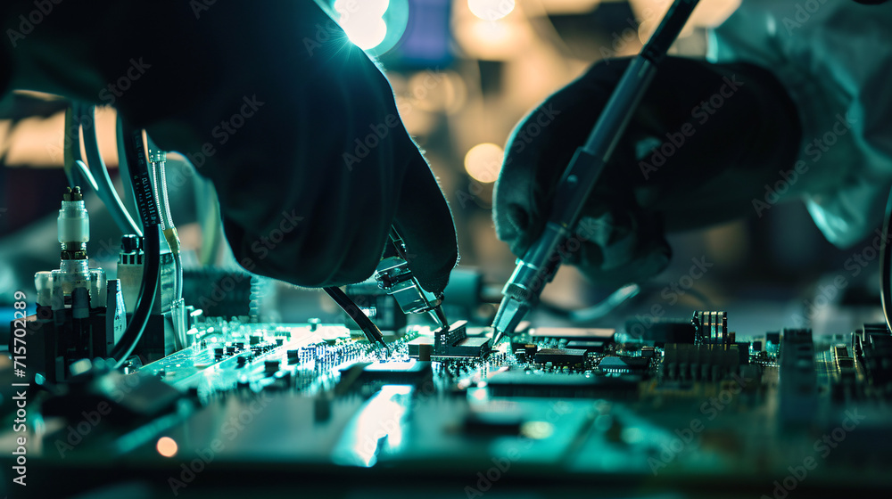 Naklejka premium A close-up of robotic and human hands assembling intricate circuits