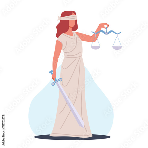 Lady Justice. Blindfolded Themis with scales and sword. Greek goddess. Equality of legal punishment. Court judgement. Judges and attorneys god. Ancient mythical character. Vector concept