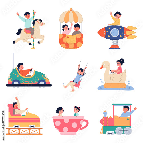 Kids in amusement park. Children riding on different carousels. Girl and boys in attractions. People having fun. Rollercoaster and merry-go-round. Ferris wheel. Splendid vector set