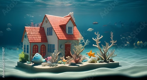 house under water, fish, algae