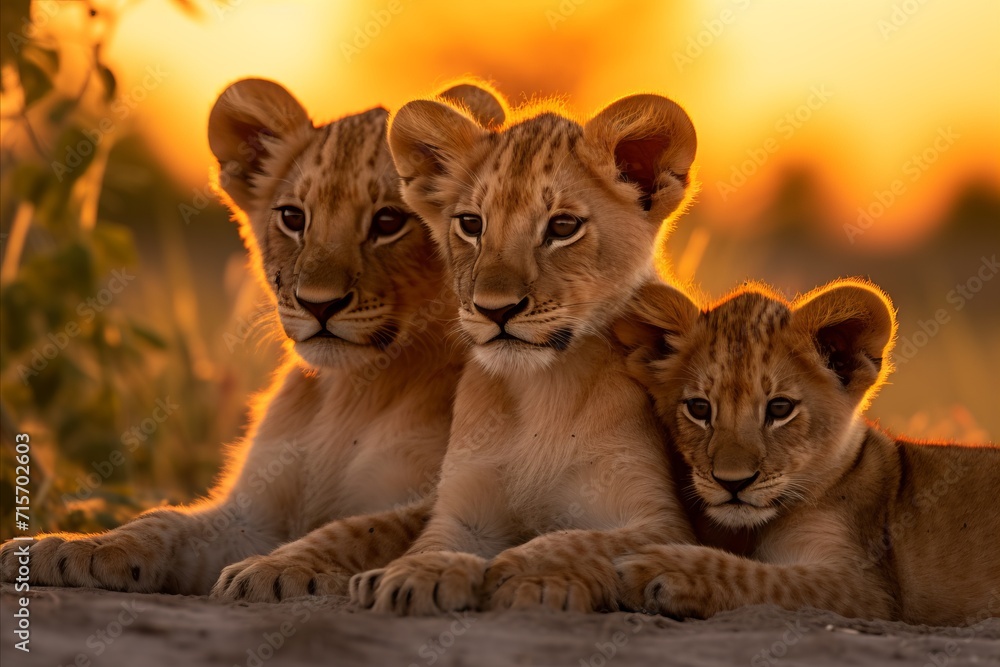 Majestic lion pride resting in the golden glow of the african savannah at sunset