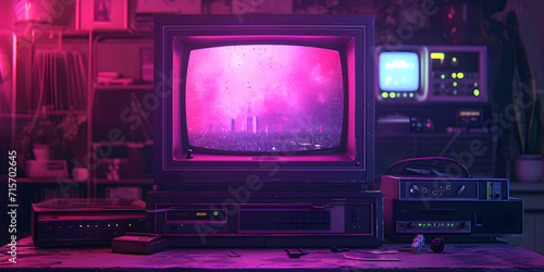 80s retro wave style background with vintage computer screen  vhs noise and glitch effects. Perfect for digital art  music  gaming  or party-related designs.