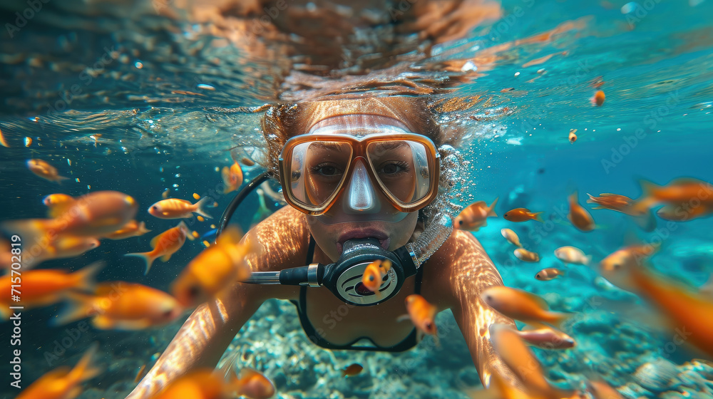 woman in a mask diving underwater, snorkeling, ocean, swimming, coral reef, sea, blue water, beauty, fish, dive, summer, sport, vacation, active - obrazy, fototapety, plakaty 