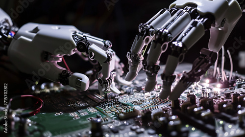 A close-up of robotic and human hands assembling intricate circuits