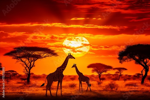 Sunset serenade. majestic giraffes strolling the african savannah, bathed in a stunning golden glow