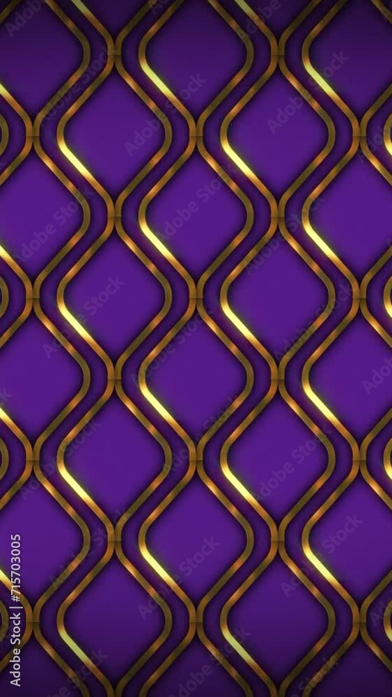 Luxury Golden color curved zig zag wavy lines placed side by side to form a pattern, moving from up to down seamless looped animation over purple color background. Luxury Golden color curved zig zag wavy lines placed side by side to form a pattern, moving from up to down seamless looped animation over purple color background.