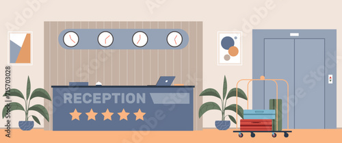 Hotel lobby with reception. Hostel hall interior. Receptionists counter. Guests registration for accommodation. Baggage at cart. Elevator doors. Waiting room furniture. Vector concept