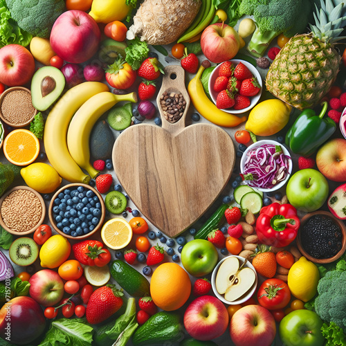 various fresh foods surrounding a wooden heart-shaped cutting board. The foods include fruits, vegetables, grains, and proteins, showcasing a balanced diet
