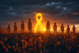 Children silhouettes with Yellow ribbon on gray background for supporting World Childhood Cancer Day campaign 