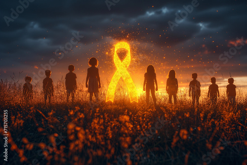Children silhouettes with Yellow ribbon on gray background for supporting World Childhood Cancer Day campaign 