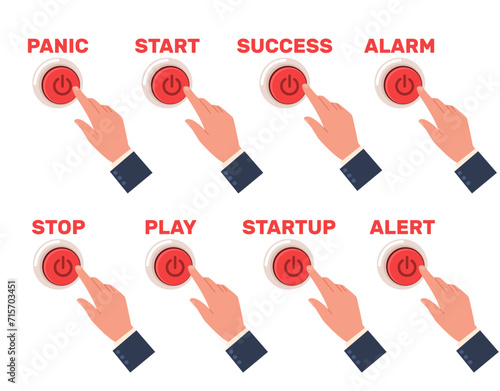 Hands pressing buttons labeled different emotions. Evoke expressions. Panic and stress. Success start. Finger click. Play and stop. Arm gestures. Startup choose. Vector forefingers set