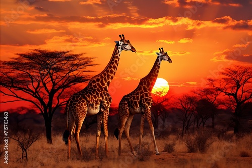 Breathtaking sight. majestic giraffes gracefully roaming the african savannah at sunset