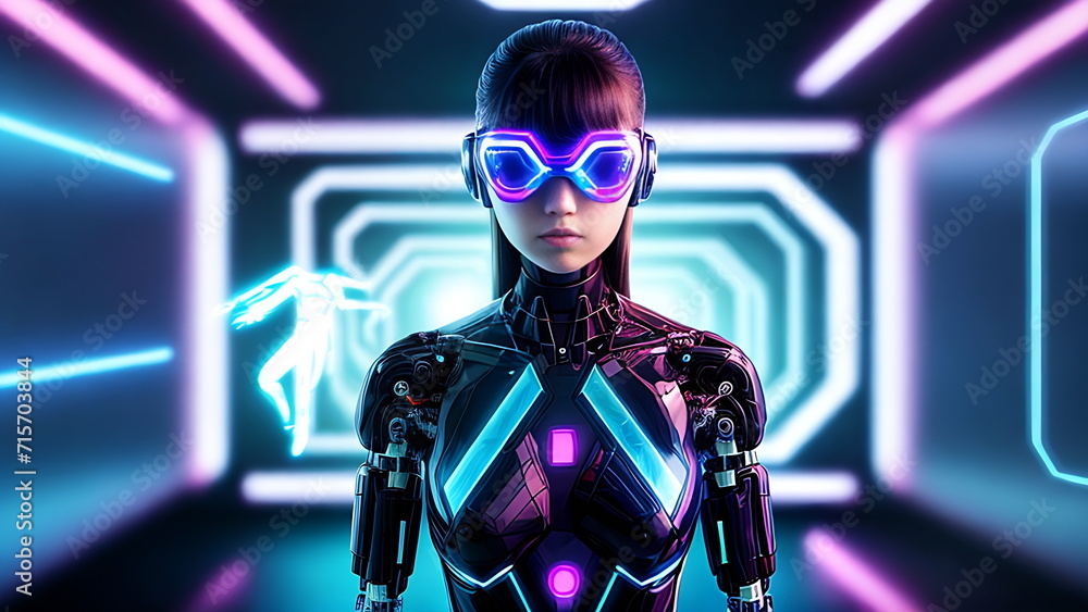 A robot girl with neon metal glasses stands in a neon room