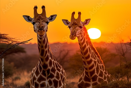 Beautiful scene of giraffes gracefully roaming the african savannah as the sun sets in the horizon