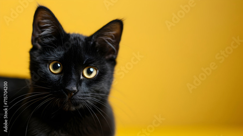 Close up portrait of black cat isolated on yellow background with copy space for text looking at the camera. Banner for pet shop with panther kitten. Backdrop with animal for poster, print, card. © Irina