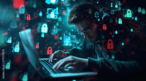 A cybersecurity expert, surrounded by floating digital locks and keys