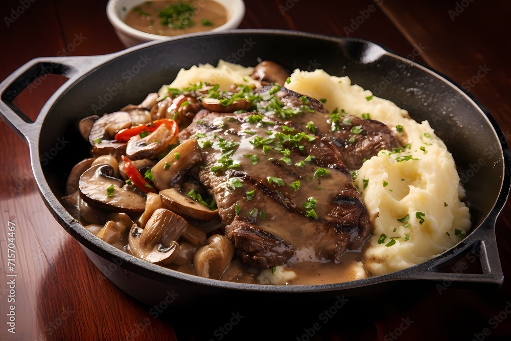 A sizzling skillet loaded with strips of tender steak, saut?(C)ed with onions and mushrooms, and served with a side of mashed potatoes.