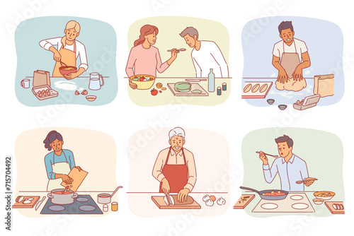 Cartoon people cooking. Men and women preparing food. Couple in kitchen. Person baking pastry. Lunch preparation. Dinner or breakfast. Homemade meals. Saucepan on stove. Chefs vector set